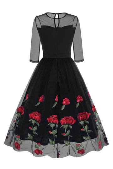 Preto Uma Linha Rosa Vestido Floral dos anos 1950 com meias mangas